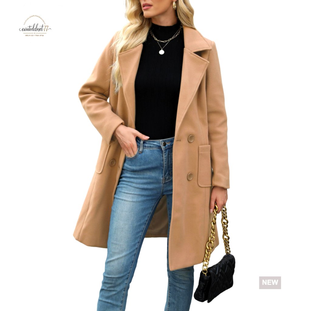 Wool Blend Double-Breasted Notch Lapel Mid-Length Coat Slim Fit Winter